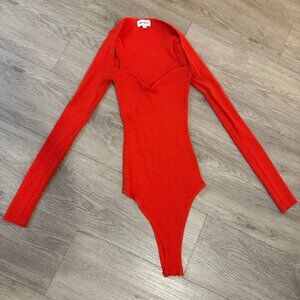 Superdown Red Long Sleeve Sweatheart Neckline Bodysuit, Size XS